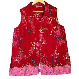 Ivy USA Linen Blend Wood Button Up Tunic XL Red Pink Dark Floral Cottage Vintage